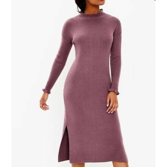 Loft Sweater Dress Size XS Ribbed Long Sleeve Mock Neck Purple Stretch Cozy Knit - Picture 3 of 8
